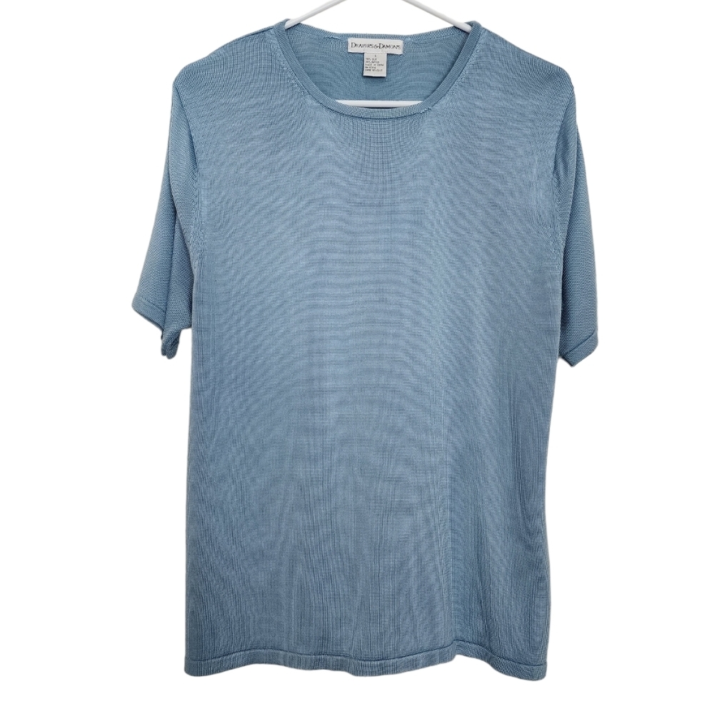 Draper's&Damon's Blue Silk Knit Lightweight Short Sleeve Pullover Top Sz Large